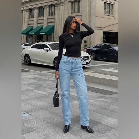 Low Waisted Jeans Trendy Straight Leg Boyfriend Asymmetrical Denim Pants💙SZ 8 - Picture 3 of 12